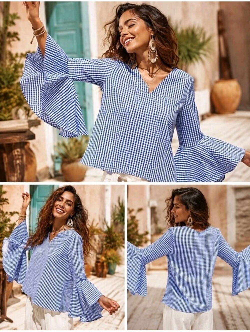 Zara poplin blouse V-neckline Size M gingham Blue/white Dramatic Bell Sleeve #CC